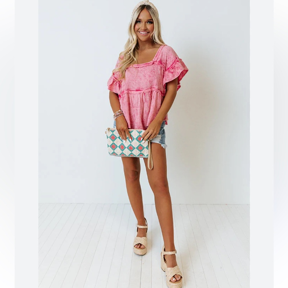 Bibi | Mineral Wash Gauze Ruffle Blouse Deep Square Neck Hot Pink Raw Frayed - Picture 10 of 14